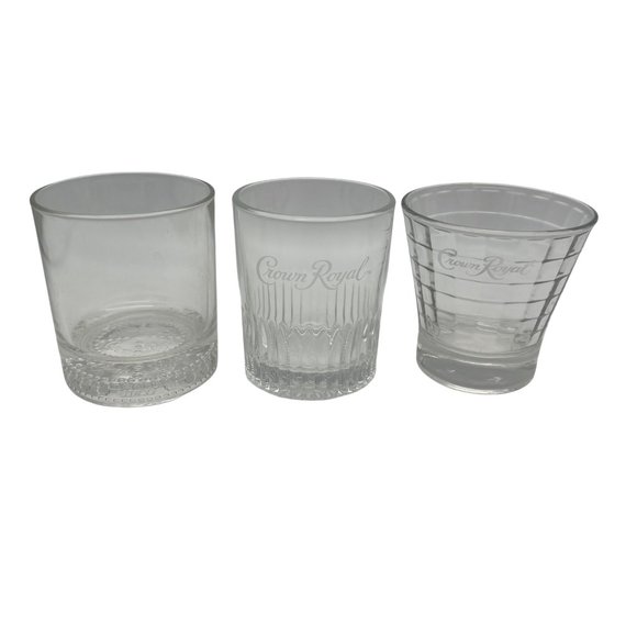 3 Crown Royal Lowball Whiskey Glasses All Different Clear Glass 3.5" Tall - Picture 1 of 10
